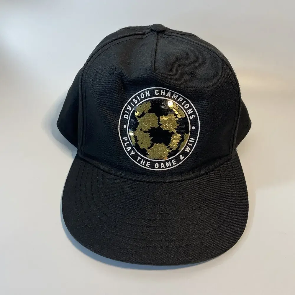 H&M Division Champions Play The Game Win Soccer Gold Sequin Black Snapback Cap